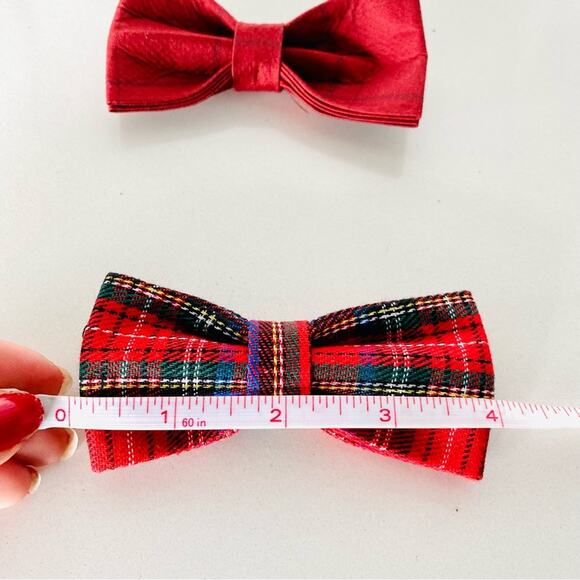 3/$20 NEW HANDMADE Red Solid Plaid Tartan Print Dog Cat Collar Elastic Bow Tie - Picture 2 of 5